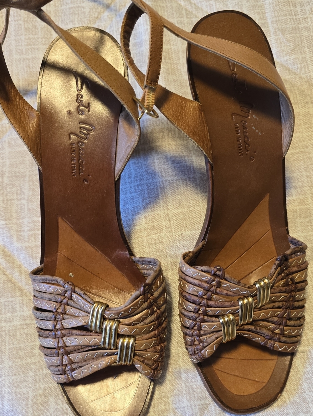 Vintage Sesto Meucci Tan Braided Bow Slingback Sandals with Gold Accents